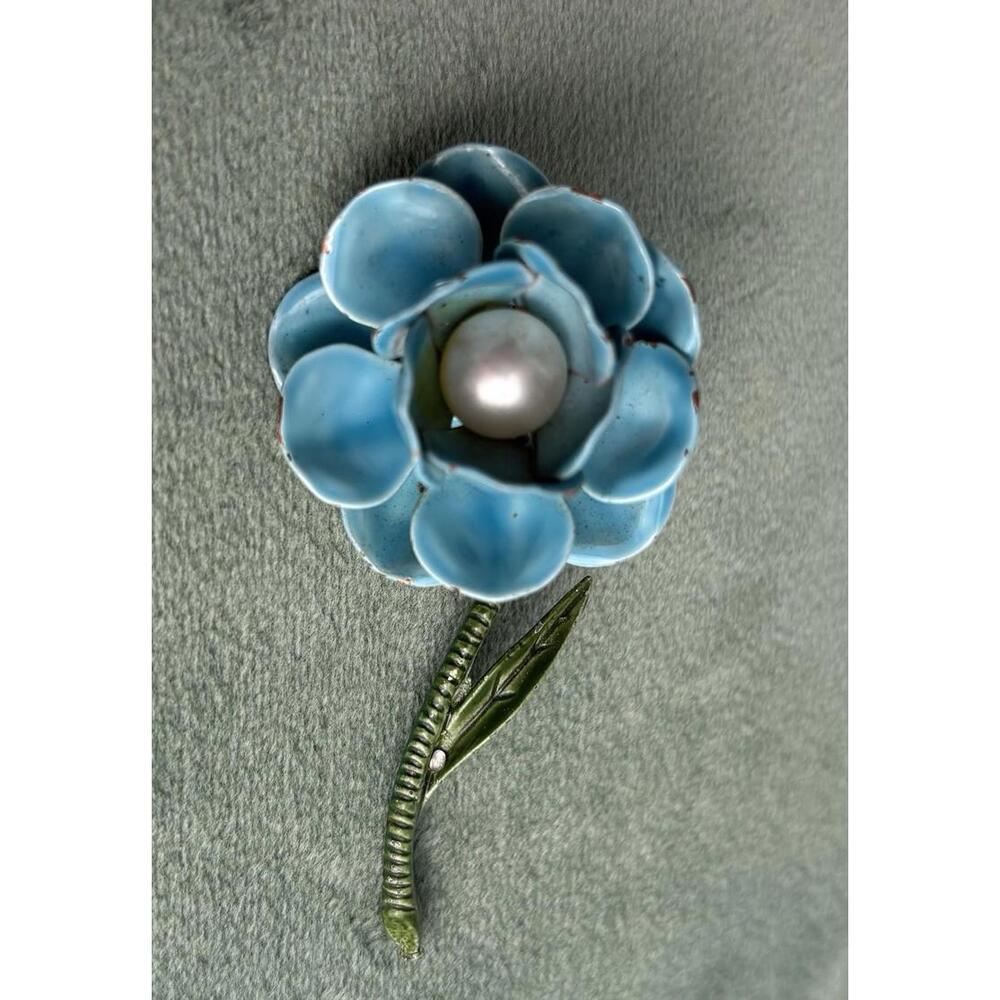Vtg Long Stem Rose Flower Brooch Green Blue Bloomcore P040 - Picture 2 of 3